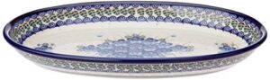 polish pottery ceramika boleslawiec platter karp cups, royal blue patterns with blue pansy flower motif, 14-1/8-inch by 8-7/8-inch