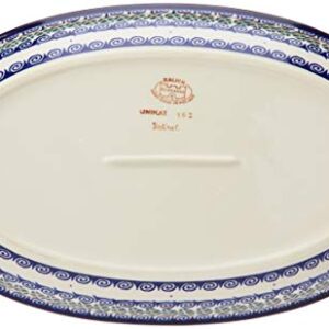 Polish Pottery Ceramika Boleslawiec Platter Karp Cups, Royal Blue Patterns with Blue Pansy Flower Motif, 14-1/8-Inch by 8-7/8-Inch