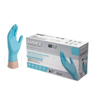 ammex blue nitrile exam gloves, box of 100, 3 mil, size small, latex free, powder free, textured, disposable, non-sterile, food safe, apfn42100-bx