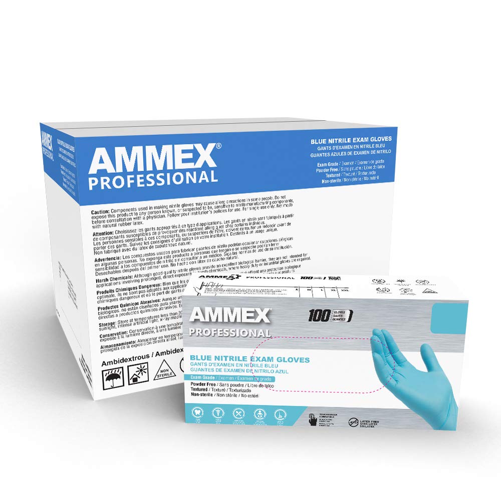 AMMEX Blue Nitrile Exam Gloves, Case of 1000, 3 Mil, Size Medium, Latex Free, Powder Free, Textured, Disposable, Non-Sterile, Food Safe, APFN44100