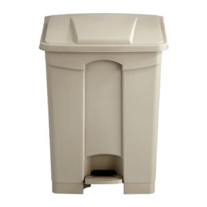 safco products plastic step-on trash can 9922tn; tan; hands-free disposal; 17-gallon capacity