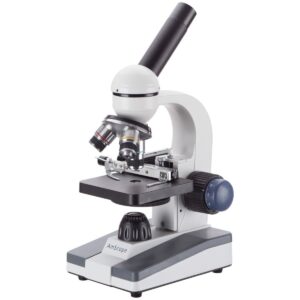 amscope m150c-ms compound monocular microscope, wf10x and wf25x eyepieces, 40x-1000x magnification, led illumination, brightfield, single-lens condenser, coaxial coarse and fine focus, mechanical stage, 110v