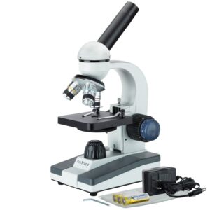 AmScope M150C-MS Compound Monocular Microscope, WF10x and WF25x Eyepieces, 40x-1000x Magnification, LED Illumination, Brightfield, Single-Lens Condenser, Coaxial Coarse and Fine Focus, Mechanical Stage, 110V