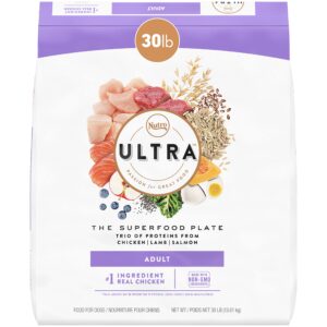nutro ultra adult high protein natural dry dog food with a trio of proteins from chicken, lamb and salmon, 30 lb. bag