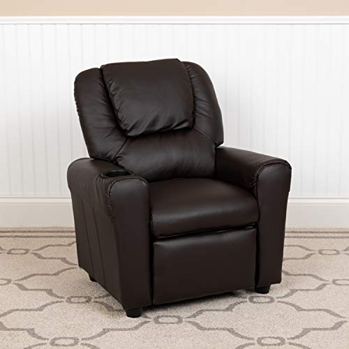 Flash Furniture Contemporary Brown LeatherSoft Kids Recliner with Cup Holder and Headrest for Lounge,Arm Rest, Vinyl