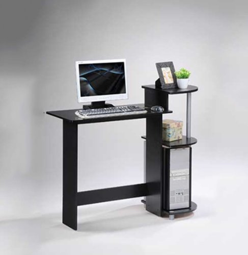 Furinno Compact Computer Desk with Shelves, Round Side, Black/Grey