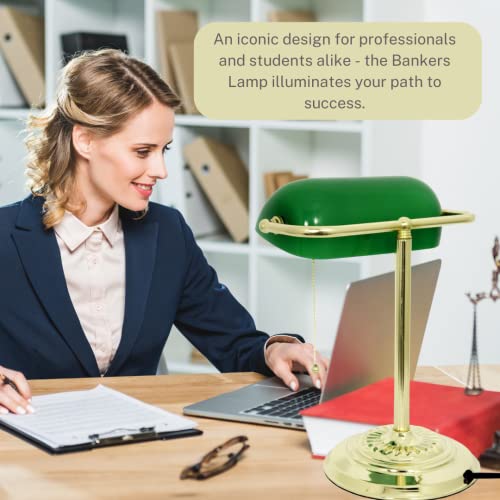 LIGHTACCENTS Bankers Lamp Desk Lamp with Green Glass Shade Bankers Lamp Green - Green Desk Lamp -Bankers Desk Lamp Traditional Desk Light with Classic Green Glass Shade and Polished Brass Finish