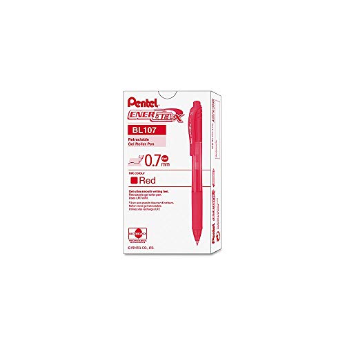 ENERGEL Pentel -X Retractable Liquid Gel Pen (0.7mm) Metal Tip, Red Ink, Box of 12 (BL107-B)