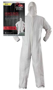 venom steel disposable heavy duty coverall, hooded with elastic wrist and ankles, l/xl size, white