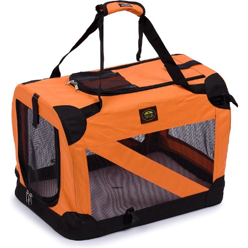 PET LIFE '360° Vista View' Zippered Soft Folding Collapsible Durable Metal Framed Pet Dog Crate House Carrier, Large, Orange