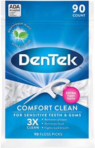 dentek comfort clean floss picks for sensitive teeth, soft and silky ribbon, 90 count each (pack of 1)
