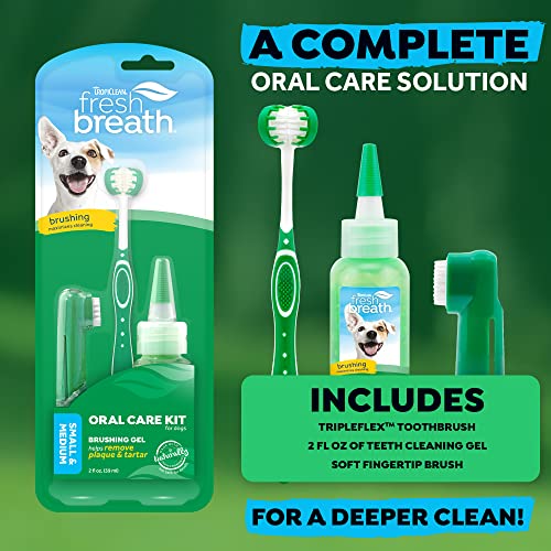 TropiClean Fresh Breath Oral Care Kit for Small & Medium Dogs - Complete Toothbrush & Toothpaste Gel Kit - Helps Remove Plaque & Tartar + Breath Freshener