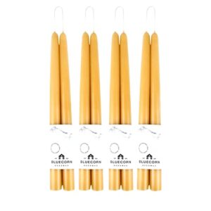 bluecorn beeswax 100% pure beeswax taper candles | natural beeswax candles, yellow unscented tapered candles | soy, paraffin, & fragrance free | 10 inch candles, bulk 8-pack | handmade in colorado