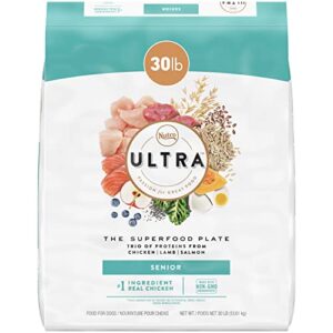 nutro ultra senior high protein natural dry dog food with a trio of proteins from chicken, lamb and salmon, 30 lb. bag