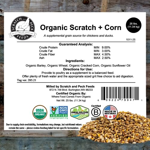 Scratch and Peck Feeds Organic Scratch + Corn, 9% Protein - Premium Supplemental Grain Source for Chickens and Ducks - 25lb