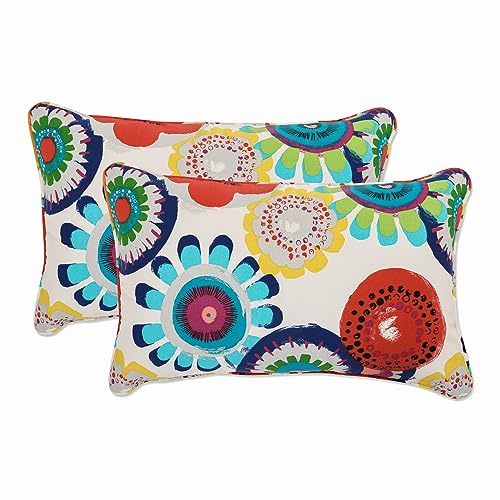 Pillow Perfect Bright Floral Outdoor Throw Accent Pillow, Plush Fill, Weather, and Fade Resistant, Small Lumbar - 11.5" x 18.5", Blue/Ivory Crosby, 2 Count