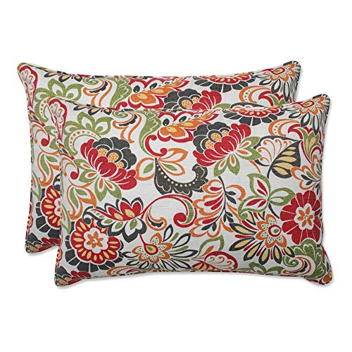 Pillow Perfect Bright Floral Outdoor Throw Accent Pillow, Plush Fill, Weather, and Fade Resistant, Large Lumbar - 16.5" x 24.5", Green/Red Zoe, 2 Count