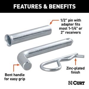 CURT 21502 Trailer Hitch Pin & Clip, 1/2-Inch Diameter with 5/8-Inch Adapter, Fits 1-1/4 or 2-Inch Receiver, SILVER