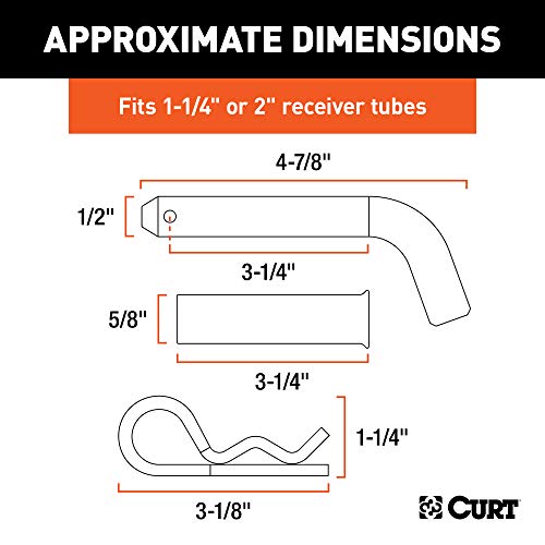 CURT 21502 Trailer Hitch Pin & Clip, 1/2-Inch Diameter with 5/8-Inch Adapter, Fits 1-1/4 or 2-Inch Receiver, SILVER