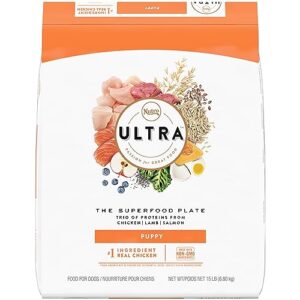 nutro ultra high protein natural dry dog puppy food with a trio of proteins from chicken lamb and salmon, 15 lb. bag
