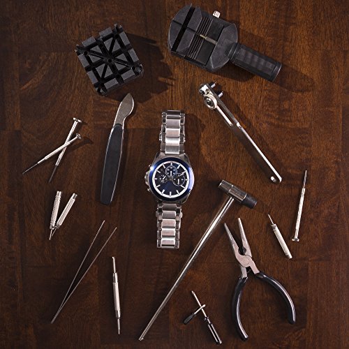 Stalwart - 75-WRTK16 16 Piece Watch Repair Kit- DIY Tool Set for Repairing Watches Includes Screwdrivers, Spring Bar Remover, Tweezers, Link Remover and More Black, Silver