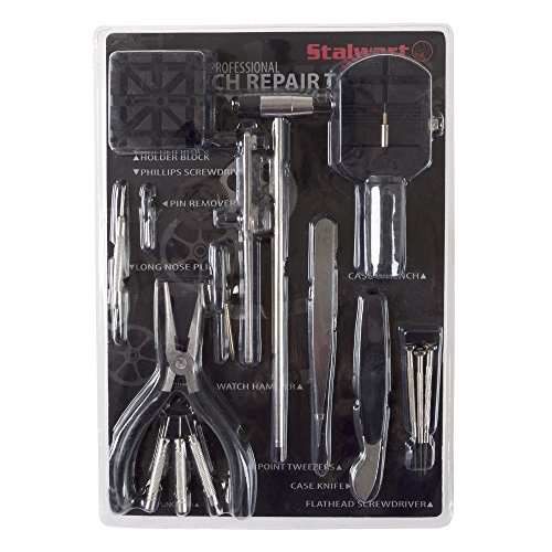 Stalwart - 75-WRTK16 16 Piece Watch Repair Kit- DIY Tool Set for Repairing Watches Includes Screwdrivers, Spring Bar Remover, Tweezers, Link Remover and More Black, Silver