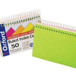 Oxford Spiral Bound Glow Index Cards, 3" x 5", Ruled, Assorted Bright Colors, 50 Cards per Book (40281)