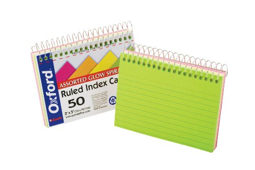 Oxford Spiral Bound Glow Index Cards, 3" x 5", Ruled, Assorted Bright Colors, 50 Cards per Book (40281)