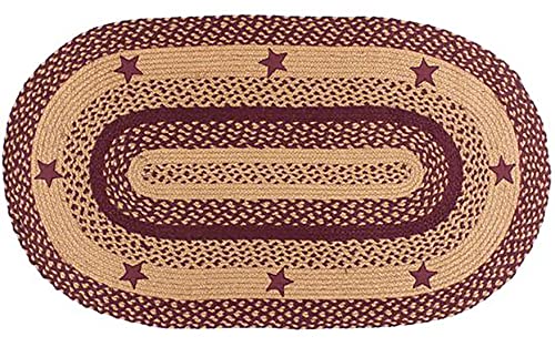 IHF Home Decor Braided Area Rug Oval Floor Carpet Country Style 27" X 48" Star Wine Design Jute Fabric,Wine, Tan