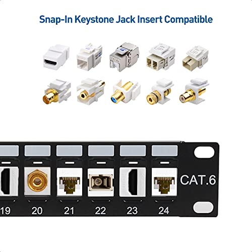 Cable Matters Rackmount or Wall Mount 1U 24 Port Keystone Patch Panel with Cable Management and Support Bar (19-inch Blank Patch Panel for Keystone Jacks/Keystone Panel)