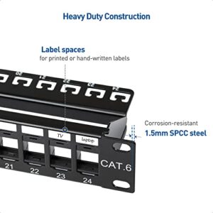 Cable Matters Rackmount or Wall Mount 1U 24 Port Keystone Patch Panel with Cable Management and Support Bar (19-inch Blank Patch Panel for Keystone Jacks/Keystone Panel)