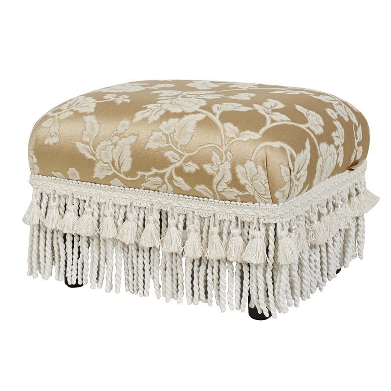 Jennifer Taylor Home Fiona Accent Footstool Ottoman, Champagne Beige Floral Jacquard with Ivory Trim