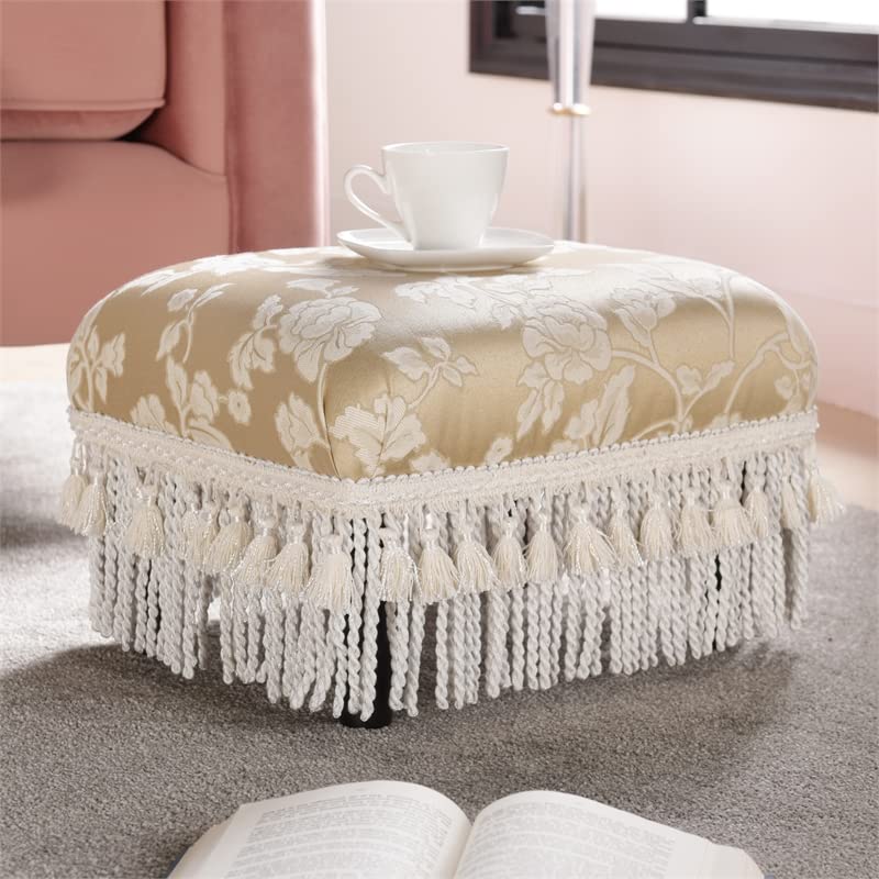 Jennifer Taylor Home Fiona Accent Footstool Ottoman, Champagne Beige Floral Jacquard with Ivory Trim