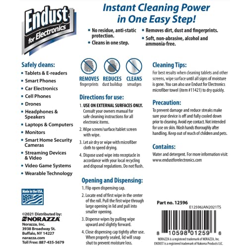 Endust For Electronics Screen Cleaner Wipes, Electronics Surface Cleaning Wipes, For Tablet, E-Reader, Computer Monitor, Laptop, Phone, TV, GPS, Pre-Moistened, Alcohol & Ammonia Free, 70 Count (12596)