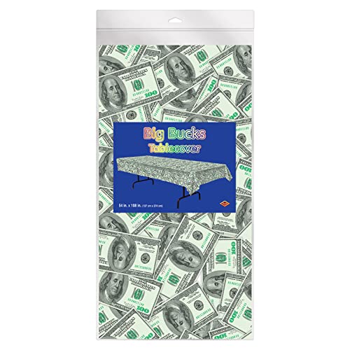 Beistle Big Bucks Tablecover, 54” x 108” – Plastic Table Cloth, Casino Theme Party Decorations, Casino Themed Party Supplies, Money Party Decorations, Dollar Bill Table Cloth