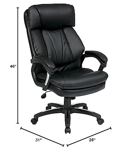 Office Star FL Series Oversized Faux Leather Executive Office Chair with Padded Loop Arms, Adjustable Height, Built-in Lumbar Support, and Tilt Control, Black