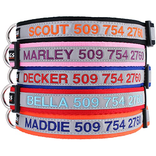 GoTags Reflective Personalized Dog Collar, Custom Embroidered with Pet Name and Phone Number in Blue for Boy and Girl Dogs, 3 Adjustable Sizes, Small, Medium, and Large