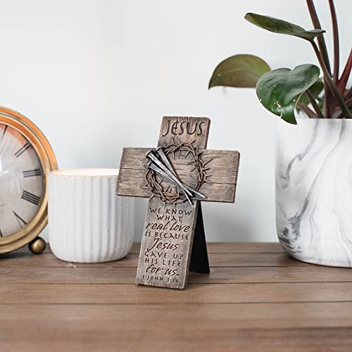 Lighthouse Christian Products Crown of Thorns Rough Woodgrain 7 Inch Cast Stone Cross Figurine