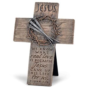 Lighthouse Christian Products Crown of Thorns Rough Woodgrain 7 Inch Cast Stone Cross Figurine