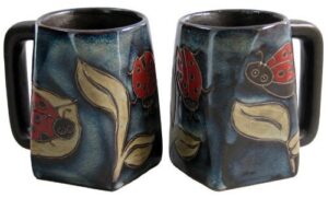 one (1) mara stoneware collection - 12 ounce coffee or tea cup collectible square bottom mug - lady bugs/insects design