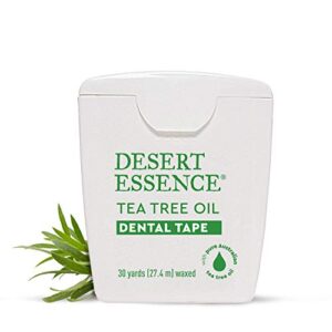 desert essence tea tree oil dental tape - 30 yards - pack of 6 - naturally waxed w/beeswax - thick flossing no shred tape - on the go - removes food debris buildup - cruelty-free antiseptic