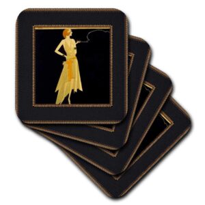 3drose art deco lady on black with gold frame - ceramic tile coasters, set of 4