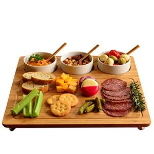 picnic at ascot bamboo cheese board/charcuterie platter - includes 3 ceramic bowls with bamboo spoons - 13" x 13" - designed and quality checked in the usa