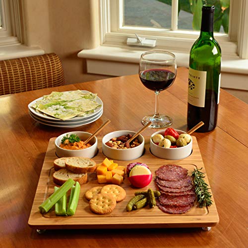 Picnic at Ascot Bamboo Cheese Board/Charcuterie Platter - Includes 3 Ceramic Bowls with Bamboo Spoons - 13" x 13" - Designed and Quality Checked in the USA