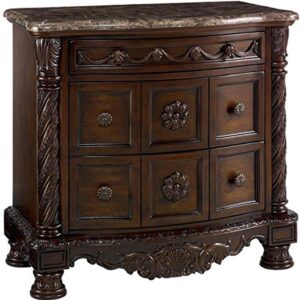 Signature Design by Ashley North Shore Ornate 3 Drawer Nightstand with Marble Inlay Top, Dark Brown