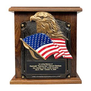 american flag and eagle cremation urn, wood funeral urns with engraving
