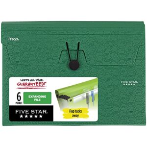 five star 6 pocket expanding file organizer, plastic expandable file folders with pockets and tab inserts, holds 11" x 8-1/2", bungee closure, green, color will vary (72925)