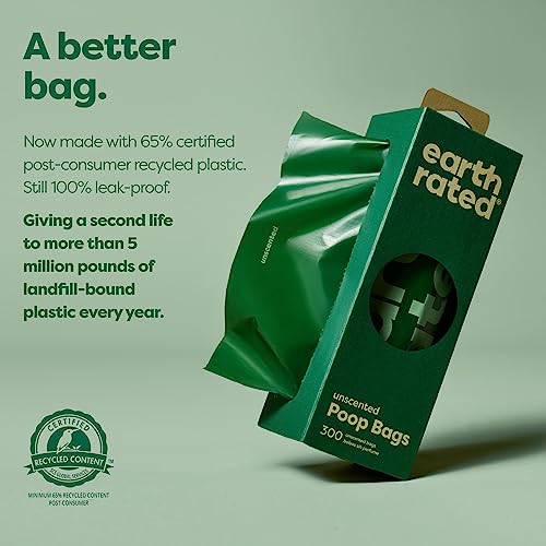 Earth Rated Dog Poop Bags, New Look, Thick Grab and Go Single Roll, Ideal for Backyard Pickups, Lavender Scented, 300 Bags