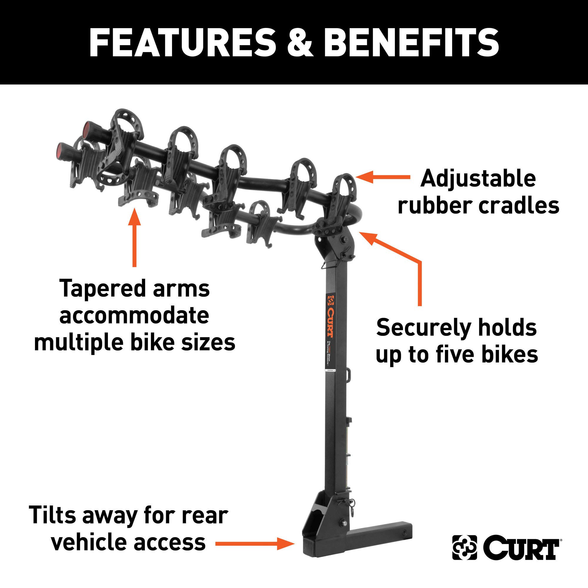 CURT 18065 Premium Trailer Hitch Bike Rack Mount, Fits 2-Inch Receiver, 5 Bicycles, Black