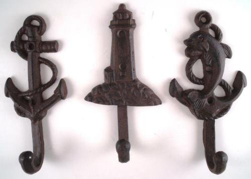 Lighthouse Dolphin Anchor Starfish Seahorse Shell Cast Iron Nautical Hooks Set